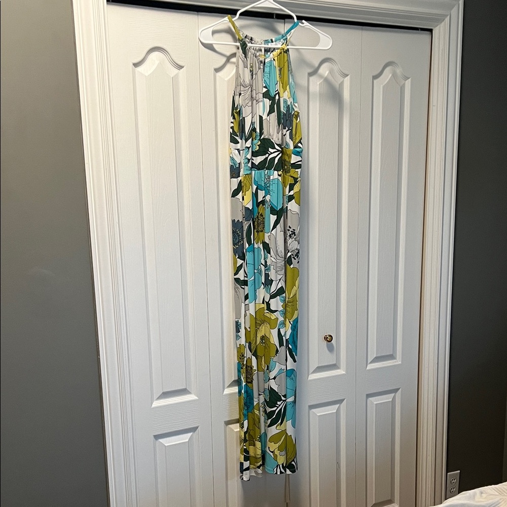 London Times Floral Maxi Dress in Teal, Olive & White